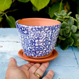 Handmade Terra Cotta Planter: Blue Italian Flower Design, with Saucer