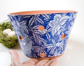 8 Inch Orchid Planter, Handmade Terra Cotta Planter with Blue an White Butterfly Design, Extra Hole for Orchid Health,Gift for Orchid Grower