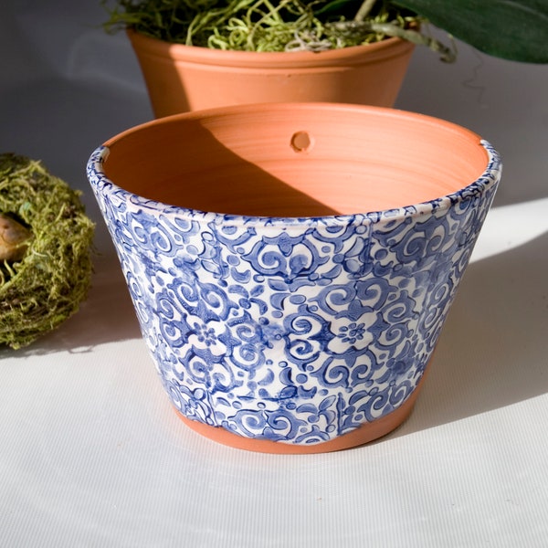 Italian Style Planter with Cobalt Blue and White Flower Design,6 Inch Top Diameter Terra-Cotta Clay Hanging Planter,Pottery Gift for Gardner