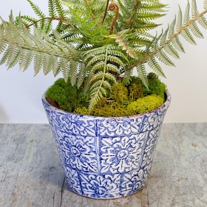 Maceta de terracota hecha a mano: diseño de azulejos italianos azules, 6 pulgadas