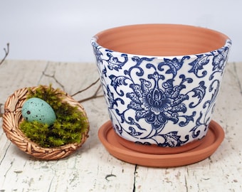 Small Planter with Saucer, Handmade Terra Cotta Pot with Blue and White Design, Succulent Planter, Gift for Gardner or Teacher, Herb Planter