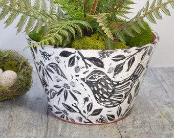 Terra Cotta Planter with Bird and Foliage,Eight Inch Top Diameter Black Glaze on White Base,Handmade Pot,Gift for Gardener,Flower Planter