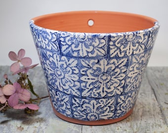 Blue and White TerraCotta Planter with Italian Tile Design, Six Inch Top Diameter Wheel Thrown,Handmade Housewarming Gift, Gift for Gardener