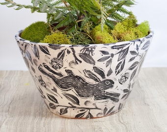 Large 8 inch Top Diameter Terracotta Planter, Black and White Leaping Rabbit Design,Made with My Handmade Stamps,Unique Gift for Bunny Lover