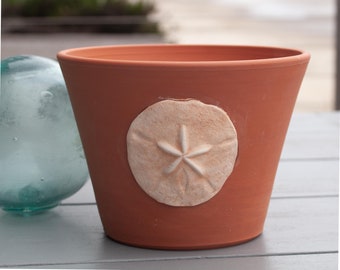 Sand Dollar Terra Cotta Planter, Beach Decor, Handmade Planter with Drainage Hole, Seaside Decor,Beach House Decoration,Potters Wheel Thrown