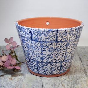 Blue and White TerraCotta Planter with Italian Tile Design, Six Inch Top Diameter Wheel Thrown,Handmade Housewarming Gift, Gift for Gardener