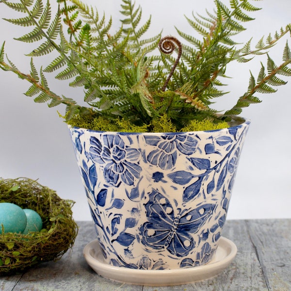 Blue and White Butterfly and Flower Design Planter with Saucer,6 Inch Top Diameter,Drainage Hole in Bottom, Handmade Gift for Nature Lover