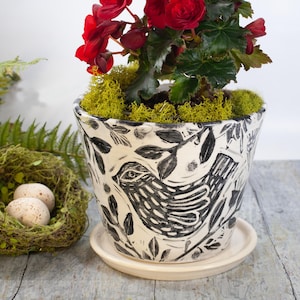 Handmade Stoneware Planter with Bird and Flower Stamps, 6 Inch Pot with Saucer