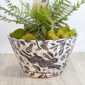 Large 8 inch Top Diameter Terracotta Planter, Black and White Leaping Rabbit Design,Made with My Handmade Stamps,Unique Gift for Bunny Lover