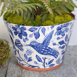 Terra Cotta Planter with Hummingbird,Handmade Wheel Thrown Planter with Blue and White Stamped Design,Gift for Gardener,8 Inch Top Diameter image 2