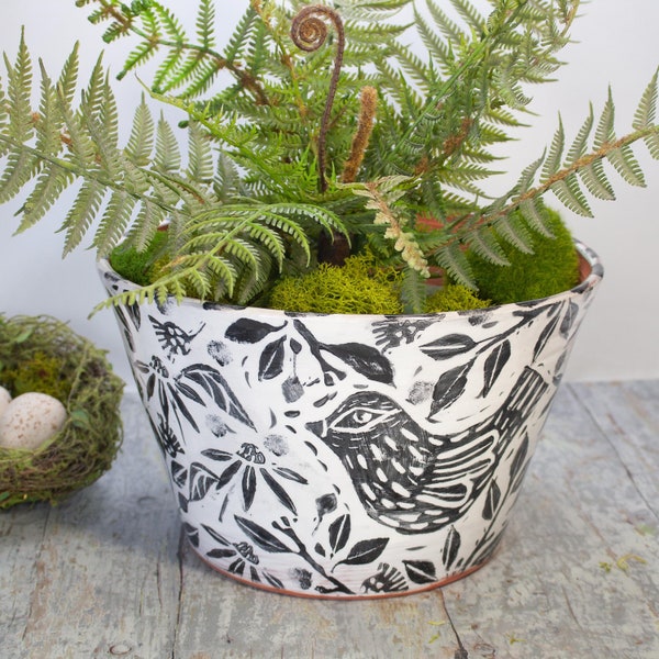 Terra Cotta Planter with Bird and Foliage,Eight Inch Top Diameter Black Glaze on White Base,Handmade Pot,Gift for Gardener,Flower Planter