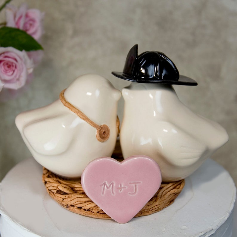 Firefighter and Nurse Wedding Cake Topper Love Birds with Initialized Heart Added to the Nest and Customized Engraving Under Nest image 6