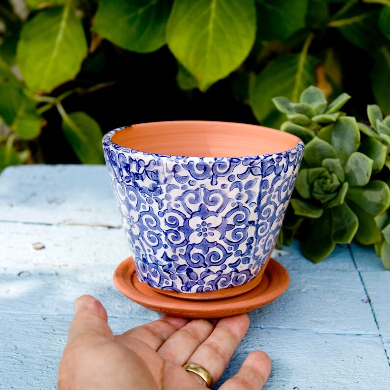 Small Blue and White Terra Cotta Planter with Italian Flower Design,Handmade Windowsill Herb Planter with Saucer, Unique Gift for Gardener image 1