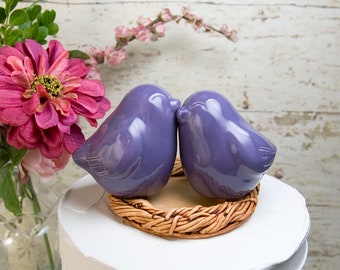 Purple Love Birds on a Nest Engraved with Names and Wedding Date, Handmade Pottery Sculpture Keepsake, Customized Wedding Gift for Couple