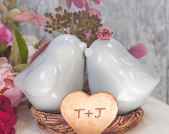 Pale Gray Love Bird Wedding Cake Topper, Handmade Pottery Keepsake, Personalized with Engraving of Names and Wedding Date Under Nest