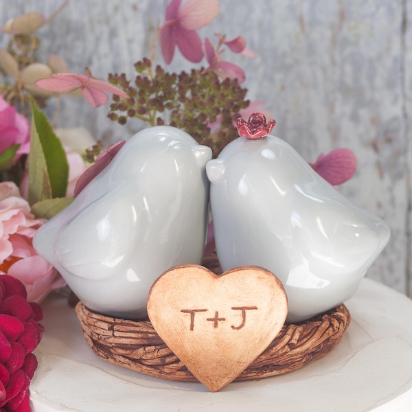 Pale Gray Love Bird Wedding Cake Topper, Handmade Pottery Keepsake, Personalized with Engraving of Names and Wedding Date Under Nest