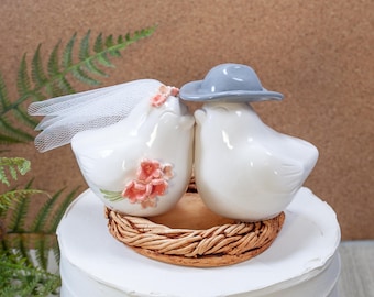 Cowboy Wedding Cake Topper, Handmade Ceramic Love Birds, Nest Engraved with Names and Wedding Date, Keepsake Sculpture, Western Love Birds