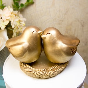 Gold Love Bird Wedding Cake Topper Finished in Antique Gold,Engraved Names and Wedding Date Under Nest,Golden Anniversary,Keepsake Gift