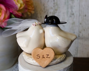 Firefighter Love Birds with Ivory Glazed Nest, Tulle Veil with Custom Flowers and Fireman Helmet,Handmade Wedding Keepsake Gift for Couple