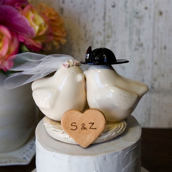 Handmade Firefighter Wedding Cake Topper: Cream Glazed Love Birds with Custom Initials
