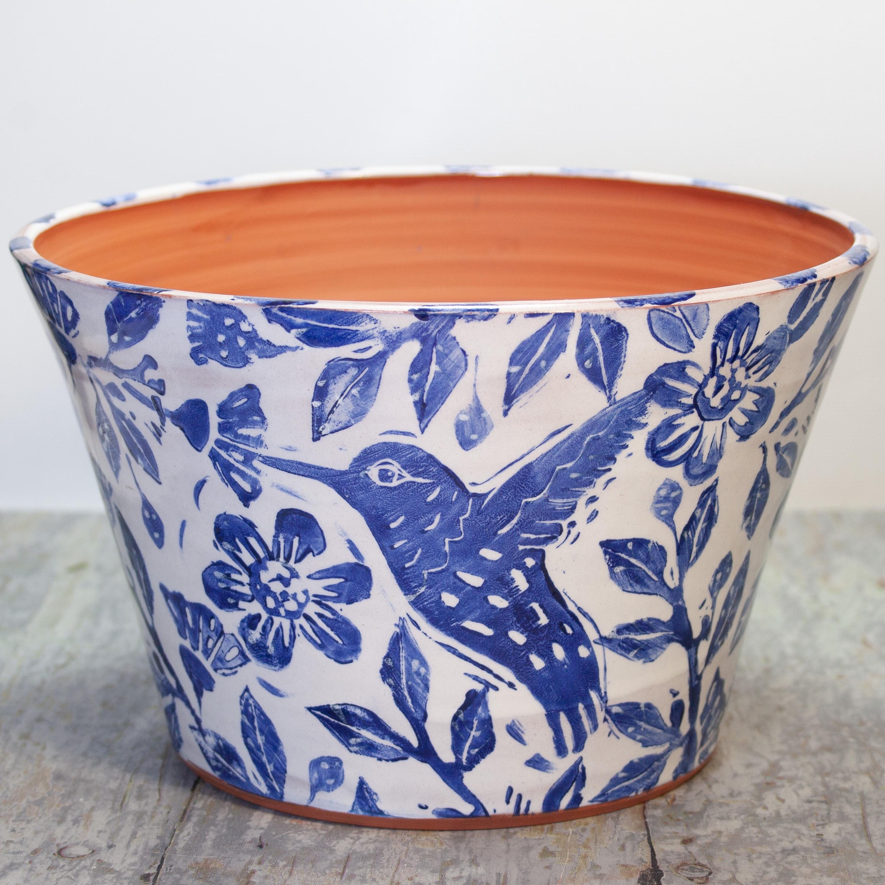 Handmade Terra Cotta Planter: Wheel Thrown with Blue Hummingbird Design