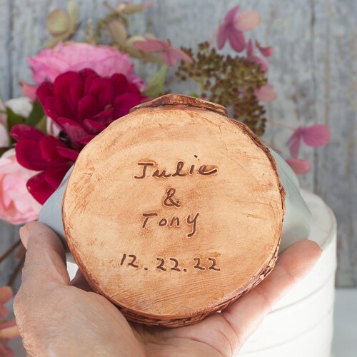 Shops Pale Gray Love Bird Wedding Cake Topper, Handmade Pottery Keepsake, Personalized with Engraving of Names and Wedding Date Under Nest