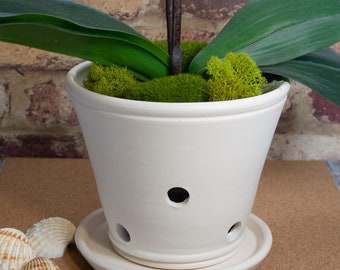 Orchid Planter with Saucer,Cream Satin Glazed Pot with Extra Holes for Health,Gift for Gardener,Handmade Planter,Unique Wheel Thrown Planter