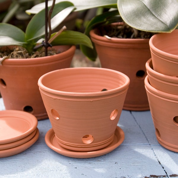 Small Orchid Terracotta Planter,Handmade Orchid Pot, Holes for Root Health,Gift for Orchid Collector,Starter Orchid Pot,4.50 Inch Planter