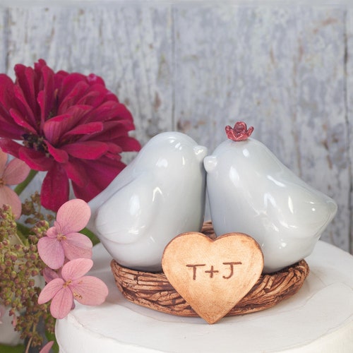 Shops Pale Gray Love Bird Wedding Cake Topper, Handmade Pottery Keepsake, Personalized with Engraving of Names and Wedding Date Under Nest