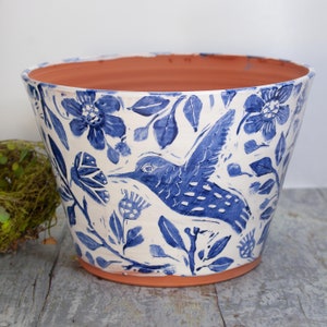 Terra Cotta Planter with Hummingbird,Handmade Wheel Thrown Planter with Blue and White Stamped Design,Gift for Gardener,8 Inch Top Diameter image 3