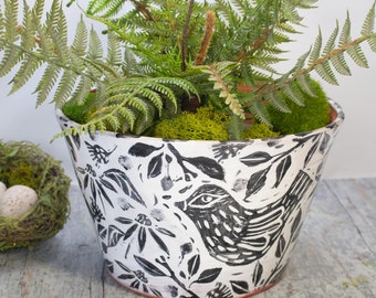 Terra Cotta Planter with Bird and Foliage,Eight Inch Top Diameter Black Glaze on White Base,Handmade Pot,Gift for Gardener,Flower Planter