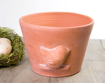 Terra Cotta Planter With Bird,Thrown on Potters Wheel,Pot With Bird Sitting on Branch,Handmade Gift for Gardener or Bird Lover,Bird Pottery