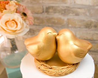 Bright Gold Love Bird Wedding Cake Topper, Golden Anniversary Handmade Keepsake, Customized with Names and Wedding Date Under Nest