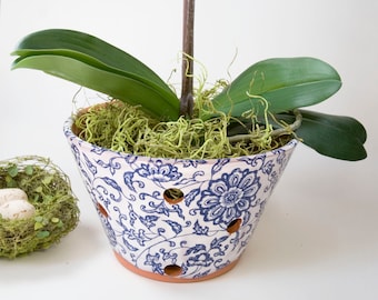 Planter,8 inch Diameter Blue and White Orchid Pot, Extra Holes for Root Health and Air Circulation,Handmade Planter for Orchid Collectors