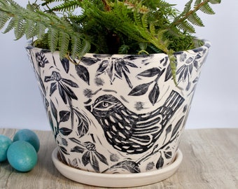 Large Black and Off White Handmade Planter, Stamped Bird and Flower Design,Thrown on Potters Wheel,Art for the Garden,Bird Lover Home Decor