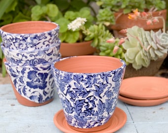 Small Terra Cotta Planter with Blue and White Leaf Design,Handmade Planter for Gardener,Blue and White Ceramic Planter with Saucer Included