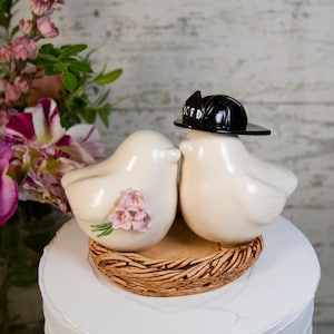 Firefighter Wedding Cake Topper With Custom Helmet and Bouquet, Handmade Keepsake Sculpture Gift for Bride And Groom