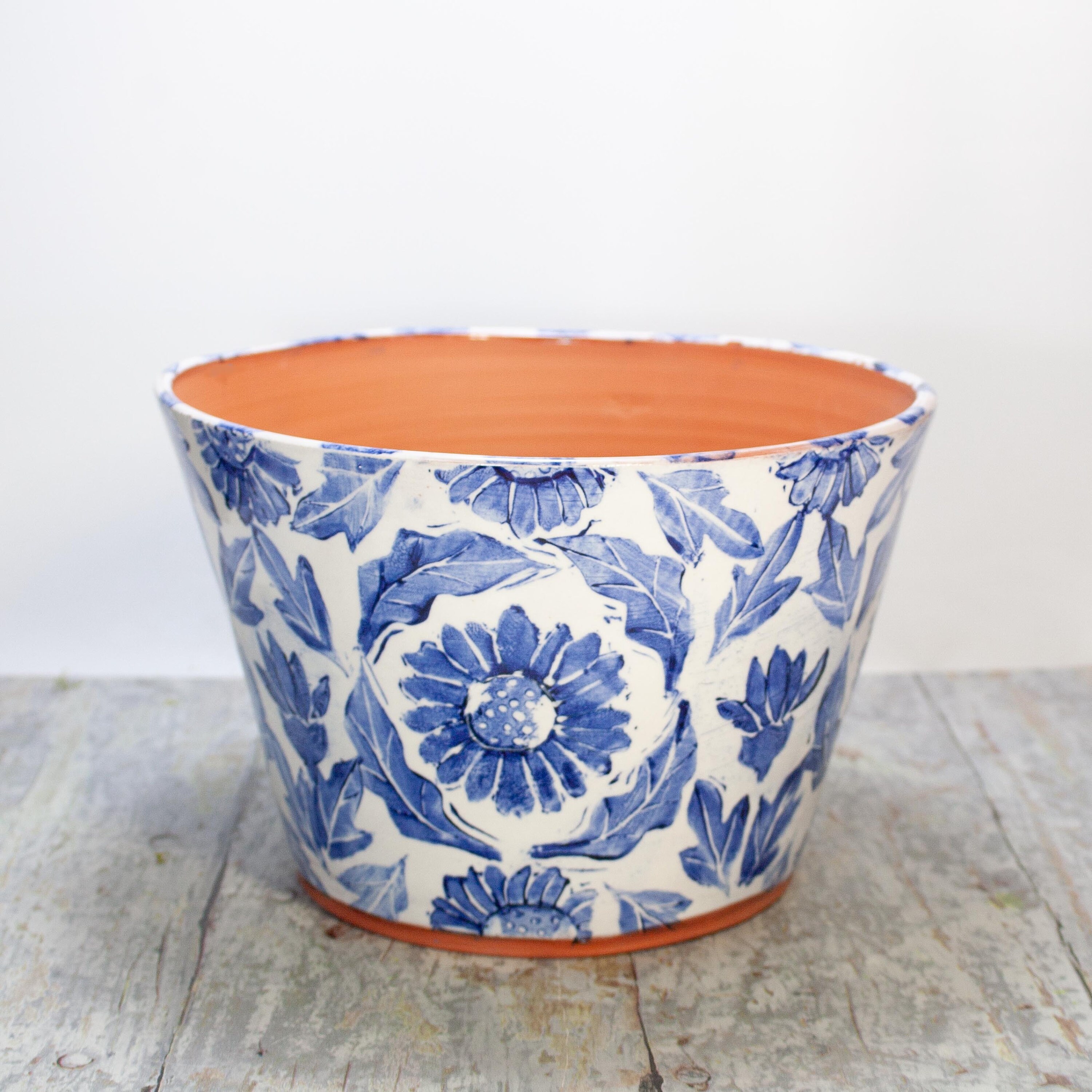 Handmade Terra Cotta Planter: Blue Floral Wheel Thrown Pot - Etsy