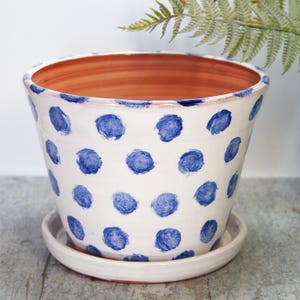 May include: White ceramic flower pot with a blue polka dot pattern. The pot has a terracotta interior and sits on a matching saucer. A fern frond is visible in the background. Ideal for indoor or outdoor plants.