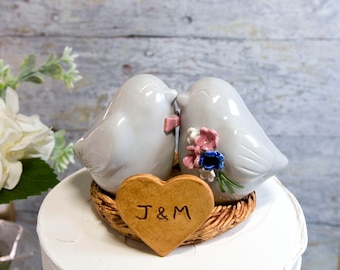 Love Bird Wedding Cake Topper with Bow Tie, Bouquet and Initialized Heart, Your Choice of Glaze Colors Customized to Wedding Theme