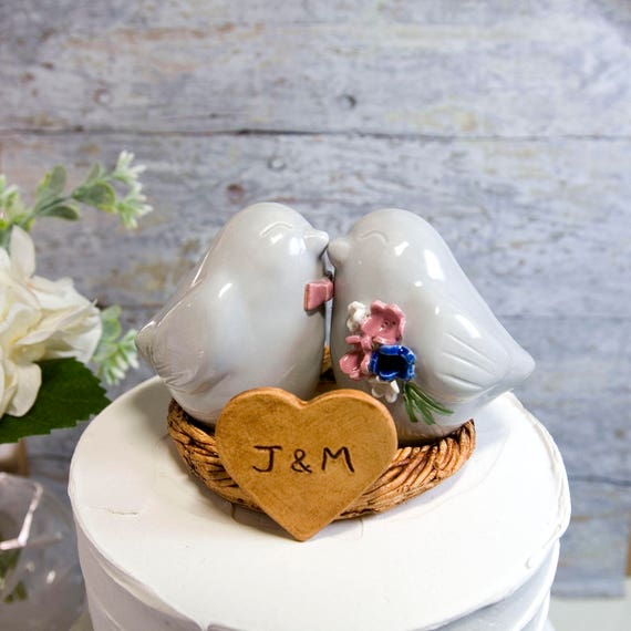 Love Bird Wedding Cake Topper: Personalized Initial Heart, Custom Glaze Colors