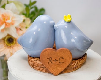 Light Blue Love Bird Cake Topper with Initials Engraved on Heart and Names and Wedding Date Engraved Under Nest,Custom Keepsake Wedding Gift