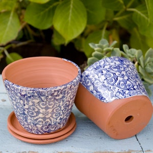 Small Blue and White Terra Cotta Planter with Italian Flower Design,Handmade Windowsill Herb Planter with Saucer, Unique Gift for Gardener image 2