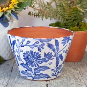 May include: A white ceramic planter with a blue floral and dragonfly design. The interior is terracotta. The planter is a decorative item for indoor or outdoor use. Other planters and plants are in the background.