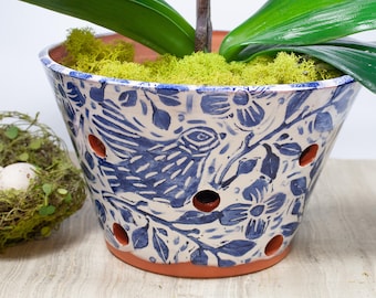Handmade Terra Cotta Orchid Planter: Blue Bird & Leaf Design