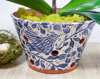 Large Orchid Planter with Extra Holes for Orchid Health, Handmade Blue and White Bird and Leaf Design,Made with Handmade Stamps, TerraCotta