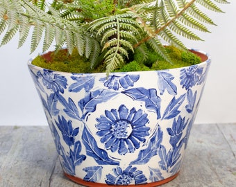 Handmade Terra Cotta Planter: Blue Floral Wheel Thrown Pot