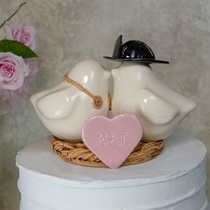 Firefighter and Nurse Wedding Cake Topper Love Birds with Initialized Heart Added to the Nest and Customized Engraving Under Nest image 4