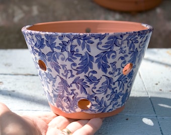 Handmade Terra Cotta Orchid Pot: Blue & White Leaf Design,6 Inch Diameter