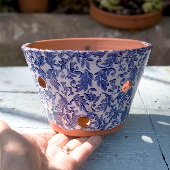 Terra Cotta Orchid Planter With Blue And White Design Etsy